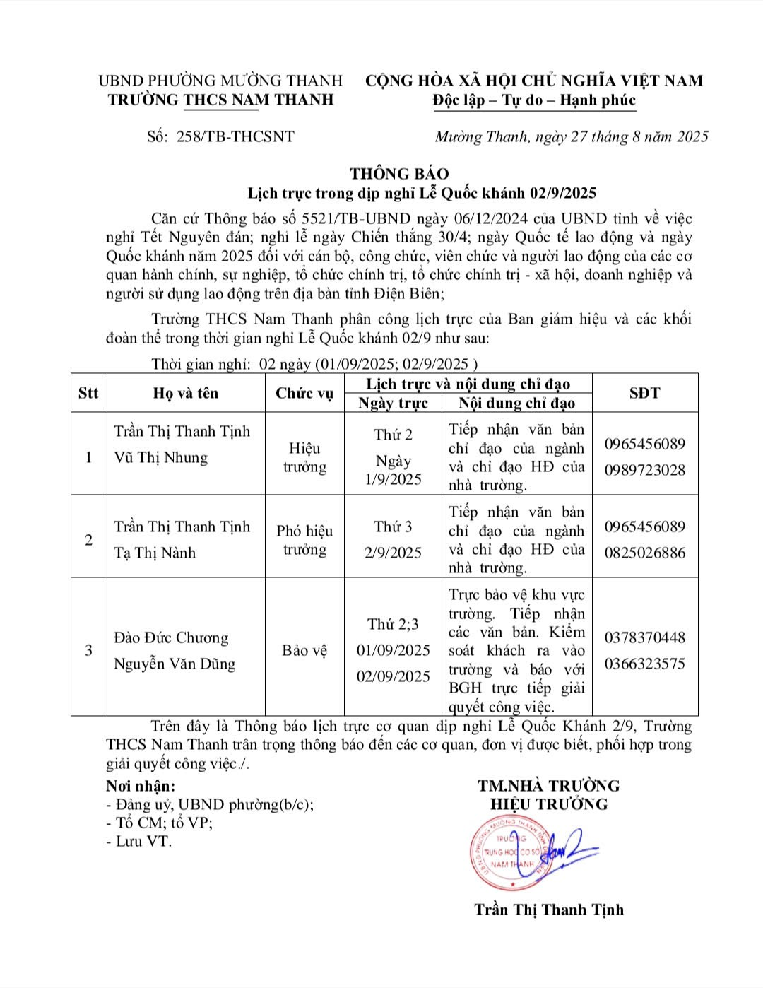 Lịch trực trong dịp nghỉ Lễ Quốc khánh 02/9/2025
