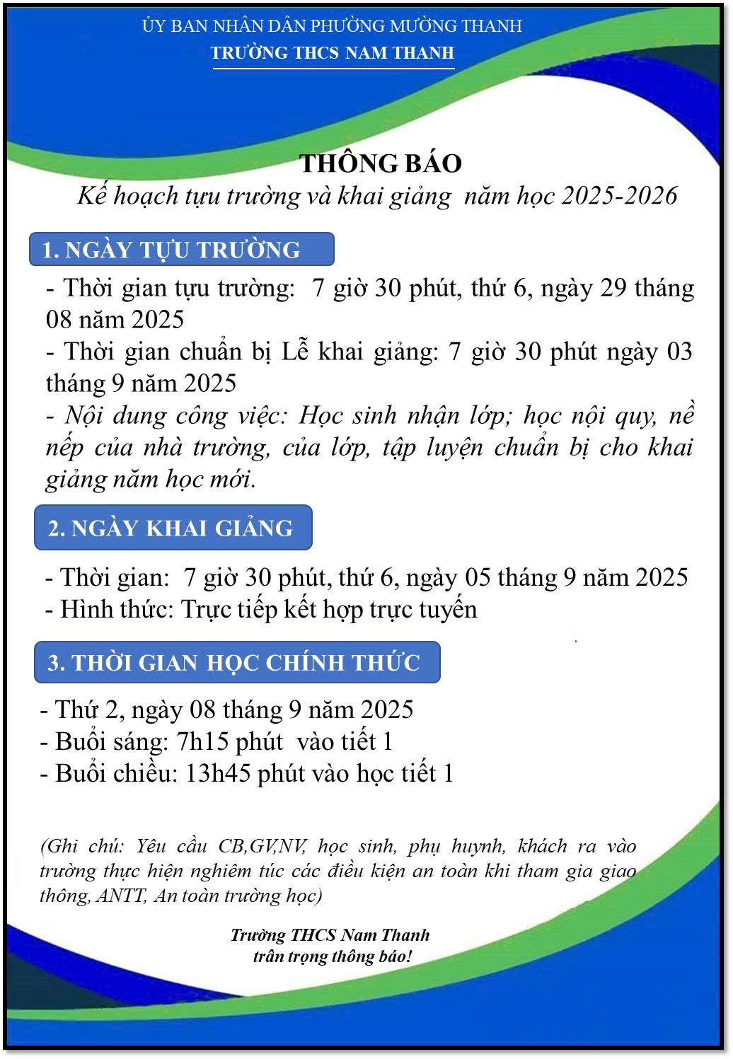 THÔNG BÁO KẾ HOẠCH TỰU TRƯỜNG VÀ KHAI GIẢNG NĂM HỌC 2025-2026