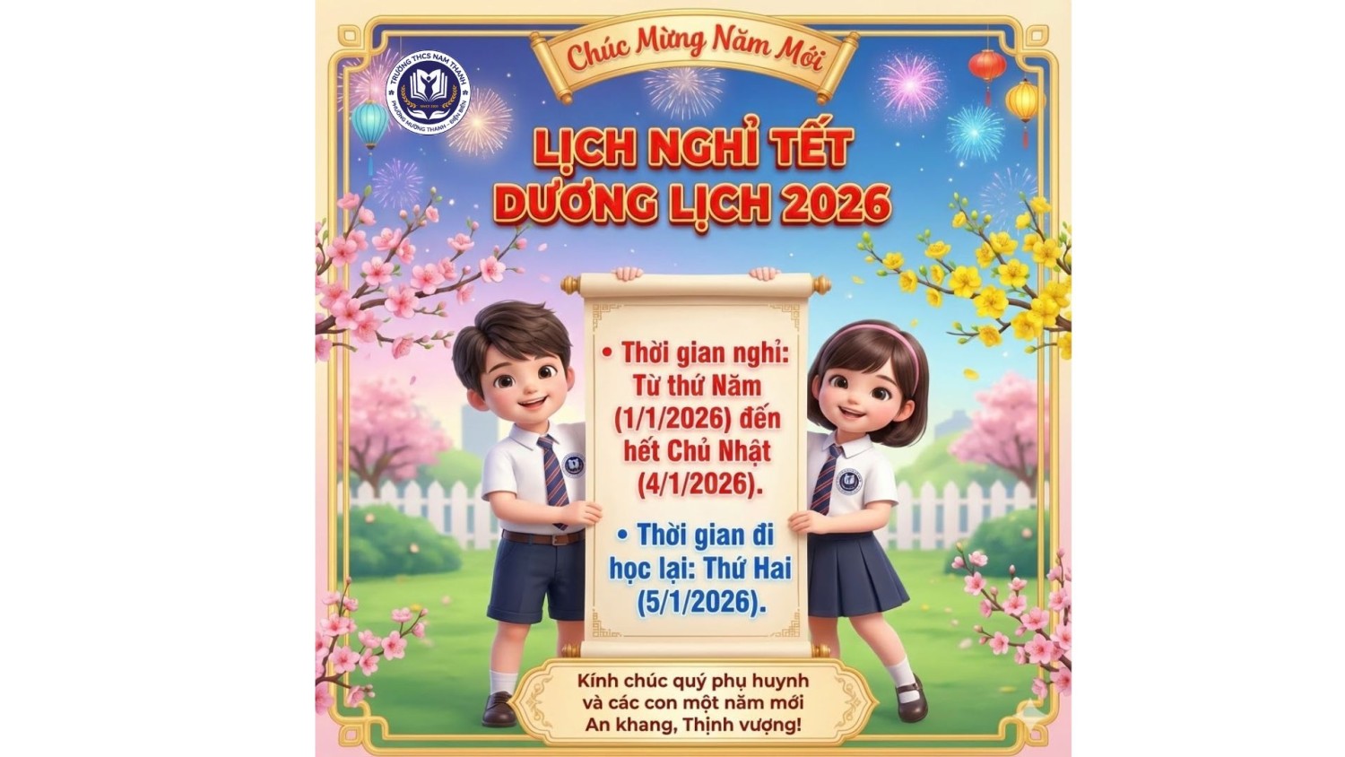 LỊCH TRỰC TRONG DỊP NGHỈ TẾT DƯƠNG LỊCH NĂM 2026